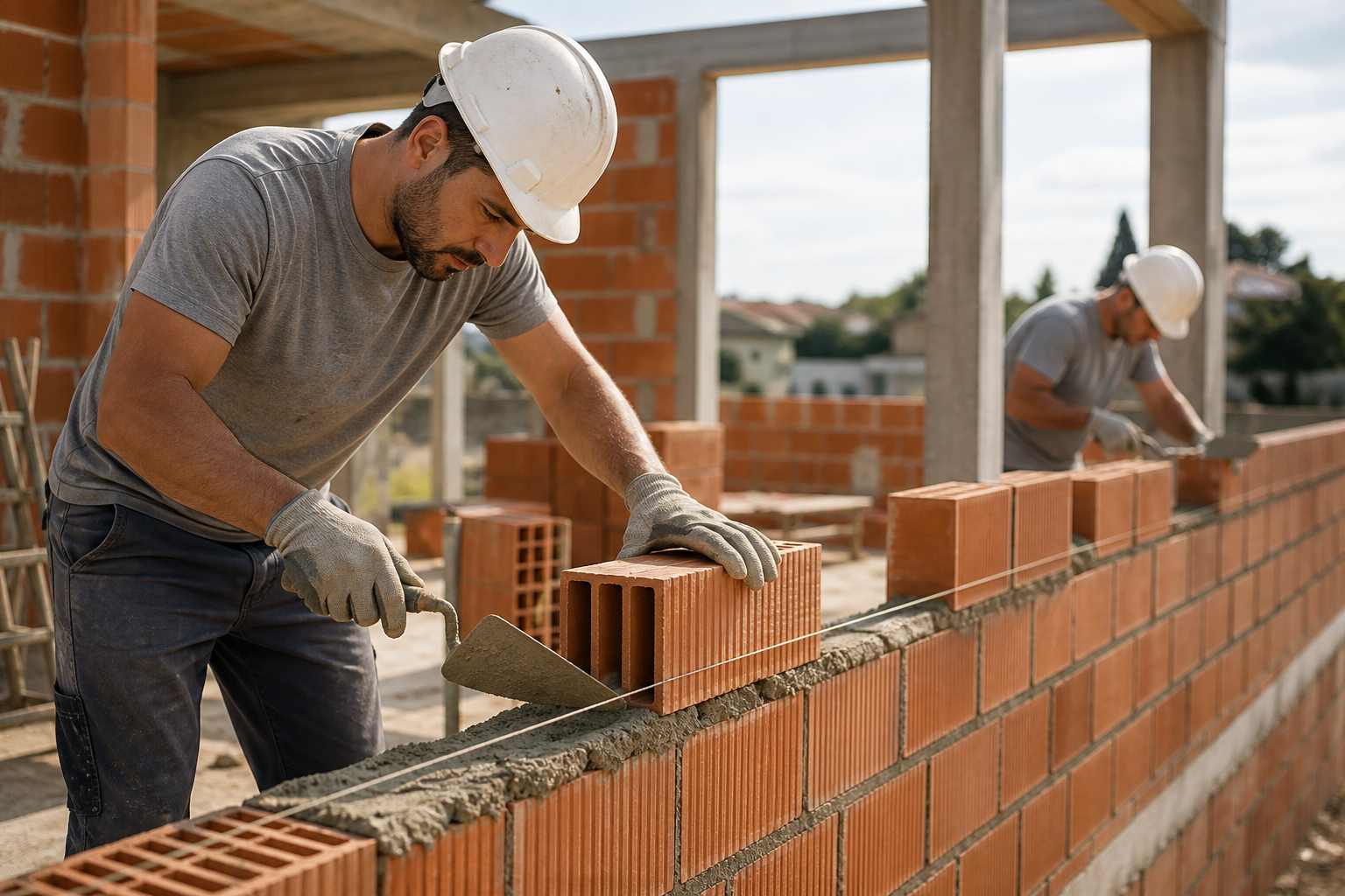 Profissional a executar trabalho de alvenaria
